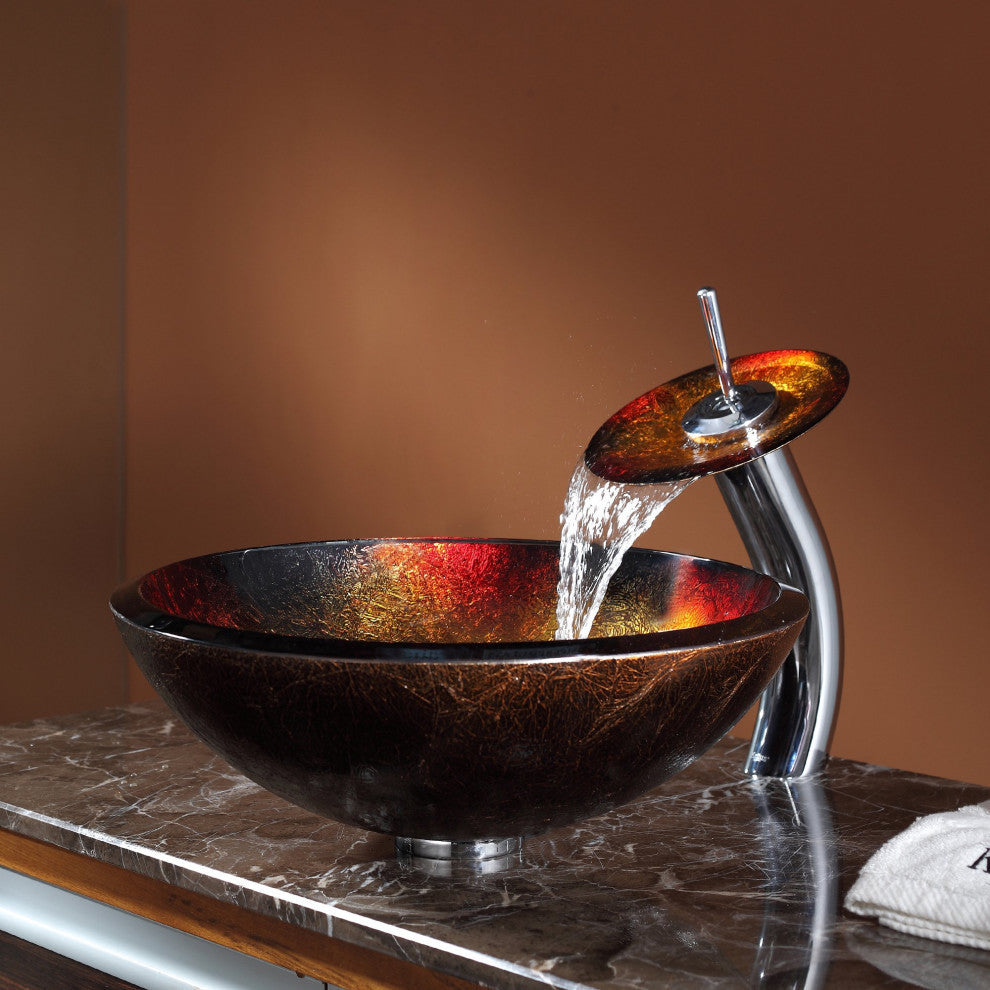 Glass Vessel Sink, Bathroom Waterfall Faucet, PU Drain, Mount Ring, Chrome