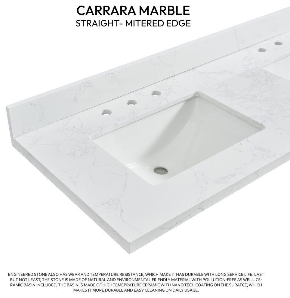 Jaen Composite Stone Vanity Top With Ceramic Sink, Grain White, 61"
