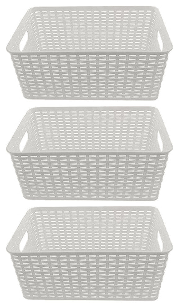 Plastic Rattan Storage Box Basket Organizer, White, Small-Pack of 3