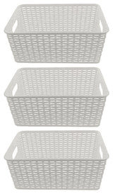 Plastic Rattan Storage Box Basket Organizer, White, Small-Pack of 3