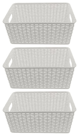 Plastic Rattan Storage Box Basket Organizer, White, Small-Pack of 3