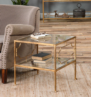 Uttermost Genell Contemporary Metal and Glass Cube Table in Gold/Clear