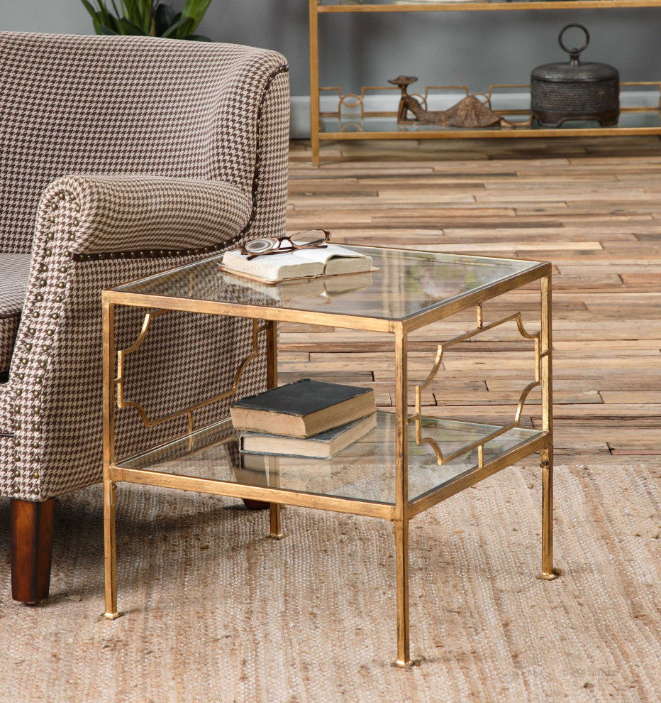 Uttermost Genell Contemporary Metal and Glass Cube Table in Gold/Clear