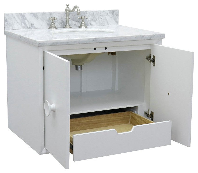 31" Single Wall Mount Vanity, White Finish With White Carrara Top