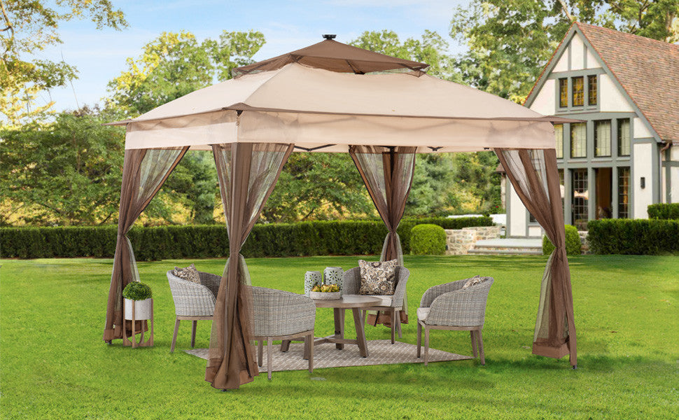 Sunjoy 11 x 11 ft Patio Pop Up Portable Gazebo with Solar LED Lighting