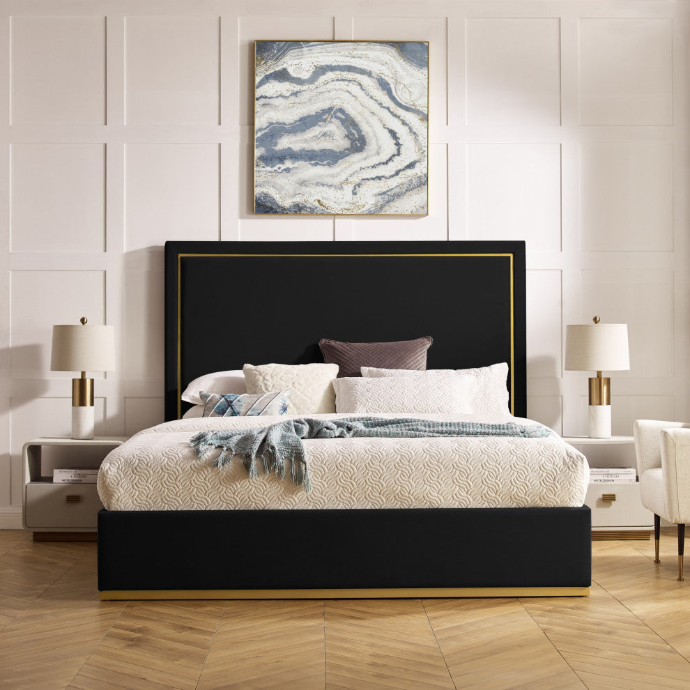 Inspired Home Marceline Bed Upholstered, Black Velvet Queen