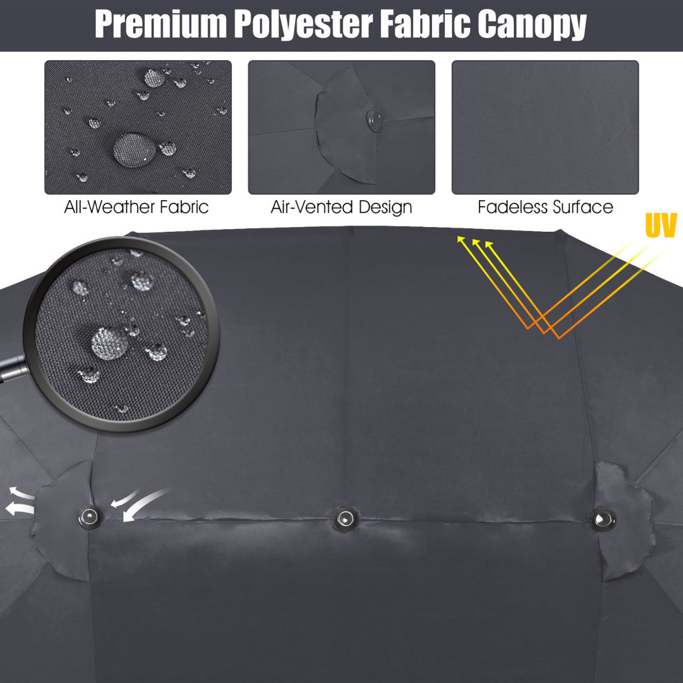 15FT Double-Sided Twin Patio Umbrella Sun Shade Outdoor Crank Market Base Grey