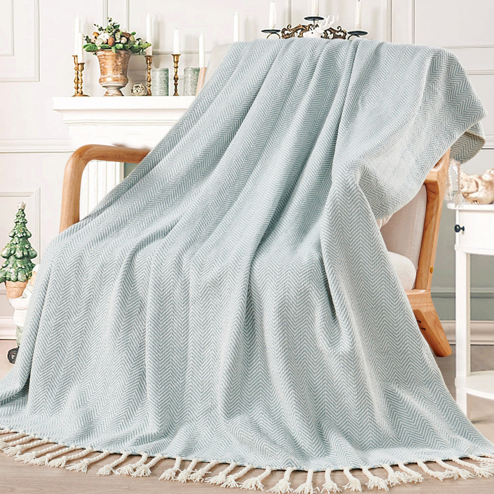 Chevron Knit Woven Throw Blanket, Silver Blue