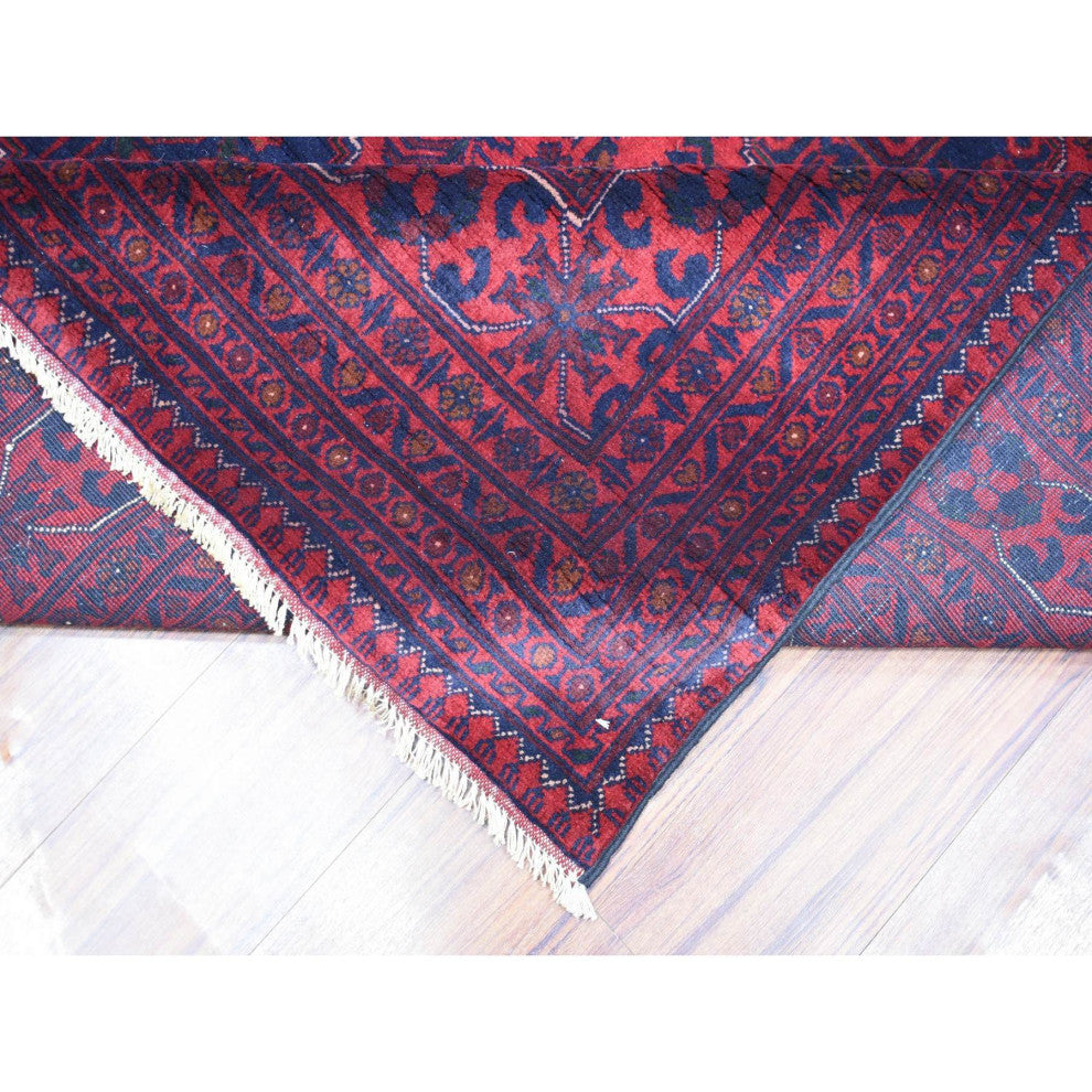 Deep and Saturated Red, Hand Knotted Afghan Khamyab Pure Wool Rug, 9'7"x12'9"