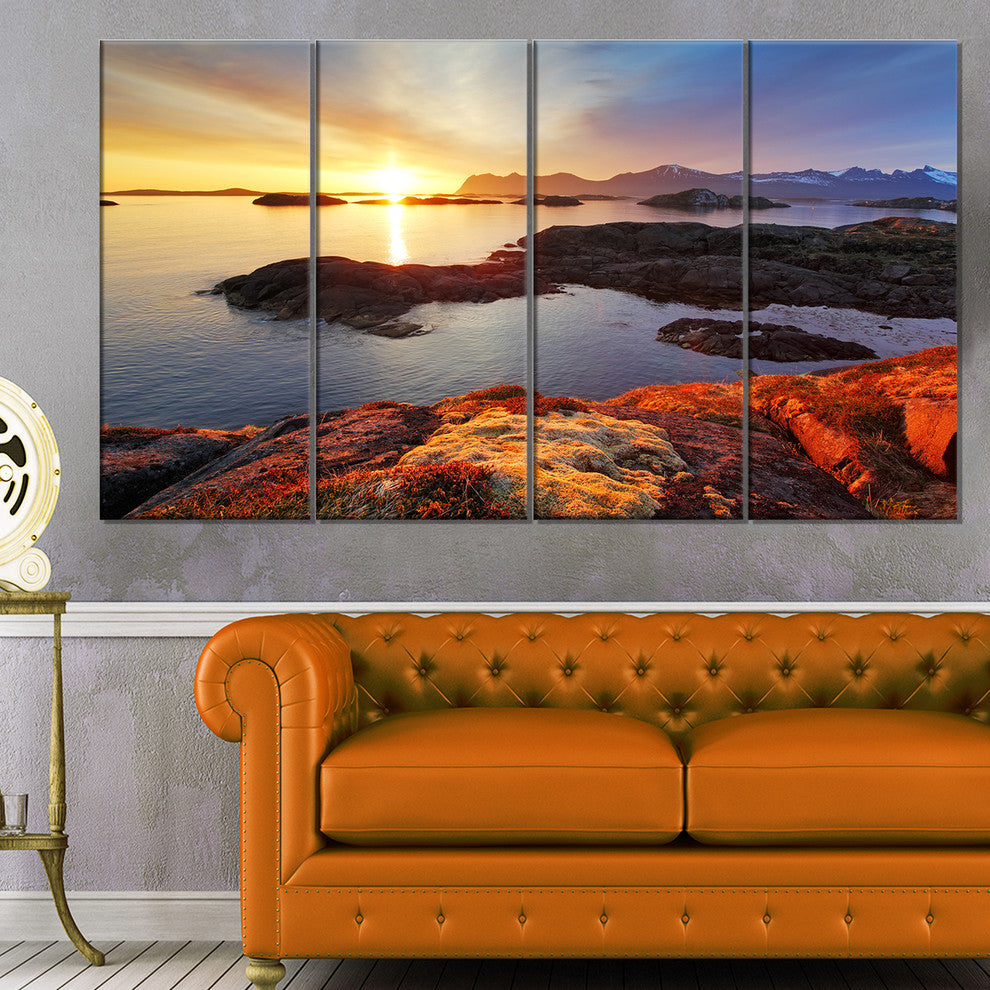Ocean Coast Nice Sunset in Norway, Seashore Canvas Print, 48"x28", 4 Panels