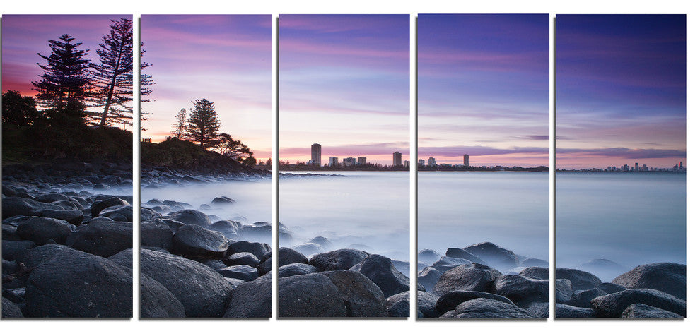 "Rocky Burleigh Point in Blue" Seascape Art Canvas, 5 Panels, 60"x28"