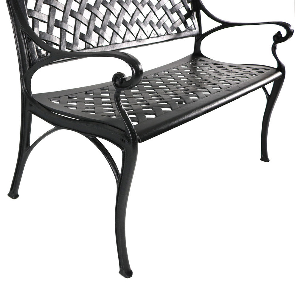 Sunnydaze 2-Person Black Checkered Cast Aluminum Outdoor Patio Garden Bench