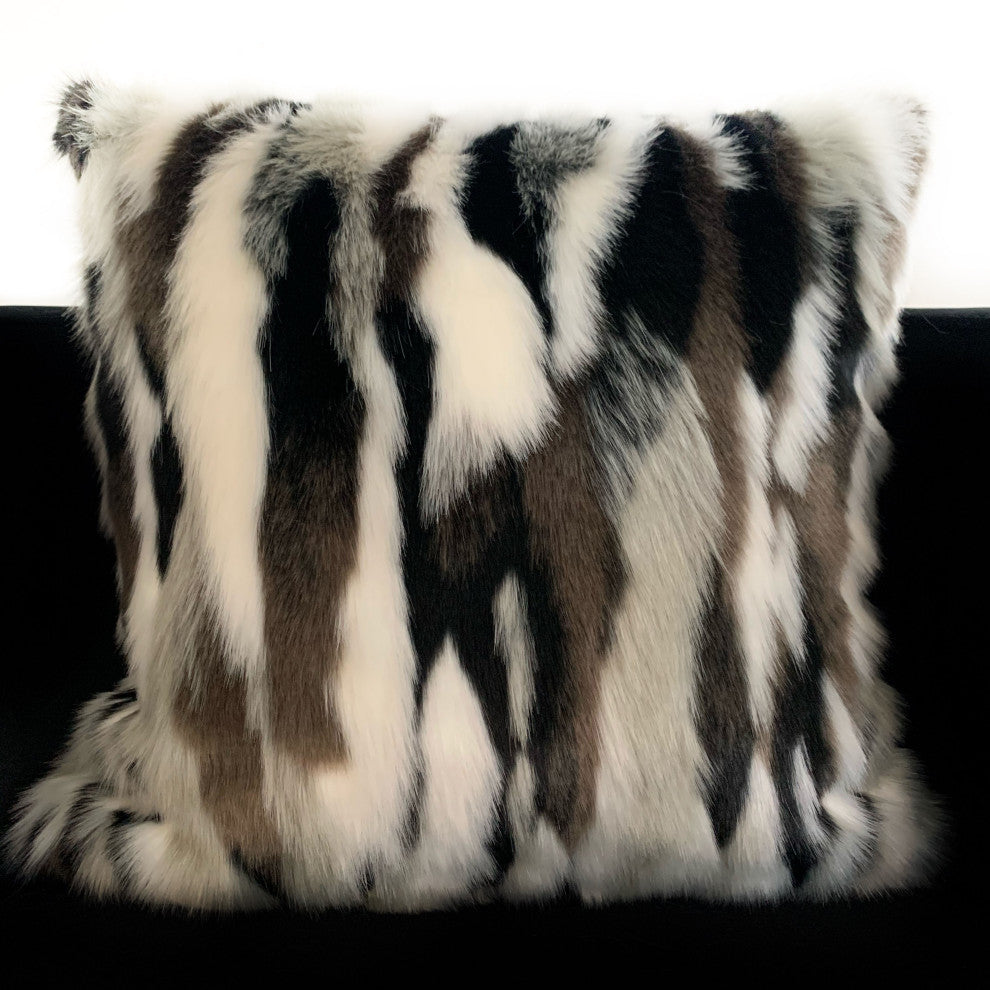 Plutus Black, White Zebra Animal Faux Fur Luxury Throw Pillow, 20"x20"