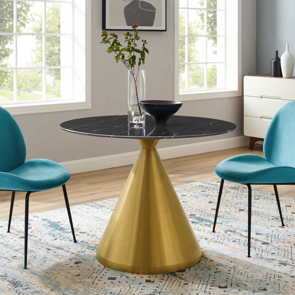 Dining Table, Round, Artificial Marble, Metal, Gold Black, Modern, Cafe Bistro