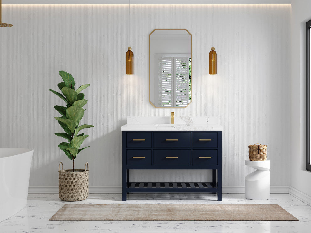 Parker 48 Single Sink Bath Vanity in Navy Blue  2" Calacatta Nuvo