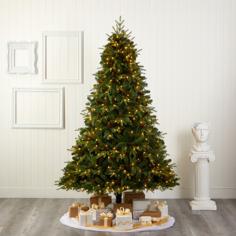 8' Wellington Spruce Natural Look Faux Xmas Tree W/550 Clear Lights & Pine Cones
