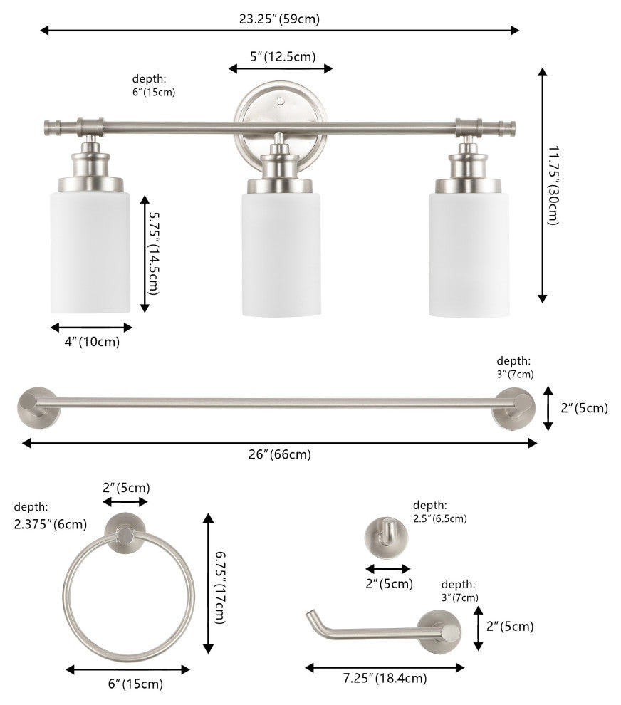 3-Light Classic Vanity, Frosted Glass Shades, Bathroom Hardware Set, 5-Piece