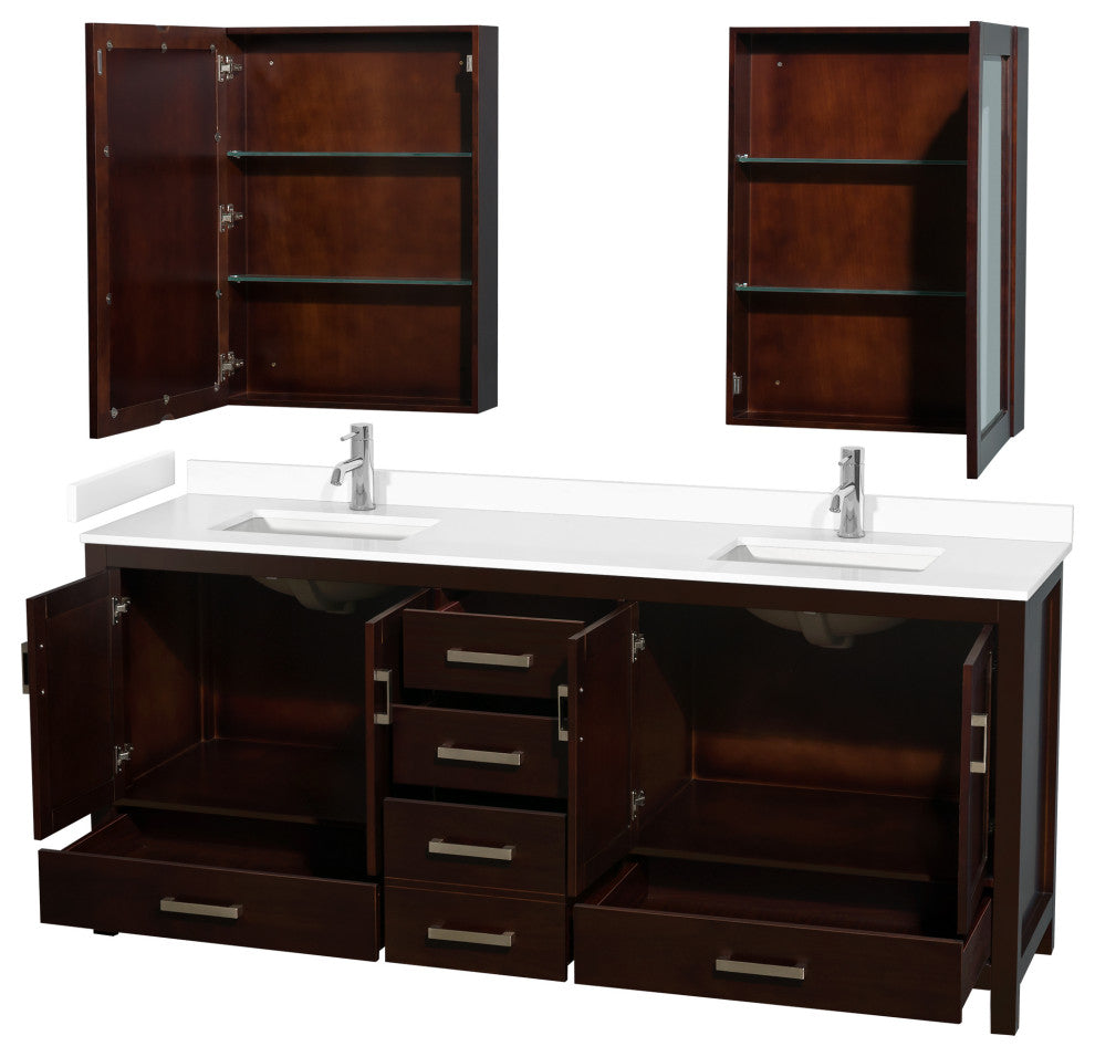 80"DBL Vanity Espresso, White Cult. Marble Countertop, Sinks, Med. Cabinets