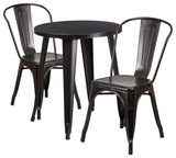 24" Round Black-Antique Gold Metal Indoor-Outdoor Table Set, 2 Cafe Chairs