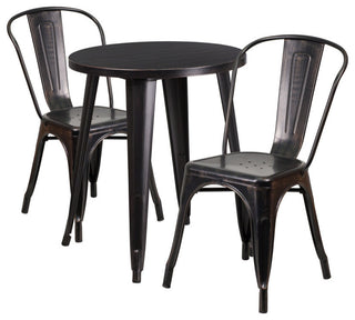 24" Round Black-Antique Gold Metal Indoor-Outdoor Table Set, 2 Cafe Chairs