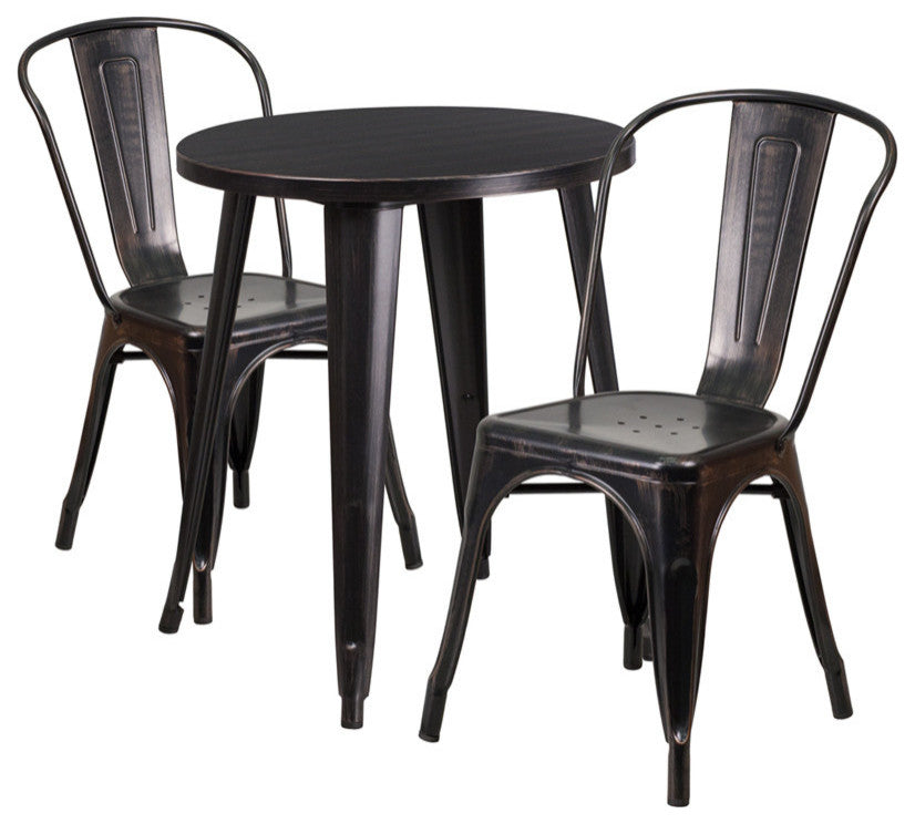 24" Round Black-Antique Gold Metal Indoor-Outdoor Table Set, 2 Cafe Chairs