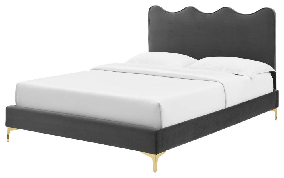 Platform Bed Frame, King Size, Charcoal Gray, Velvet, Modern, Guest Suite
