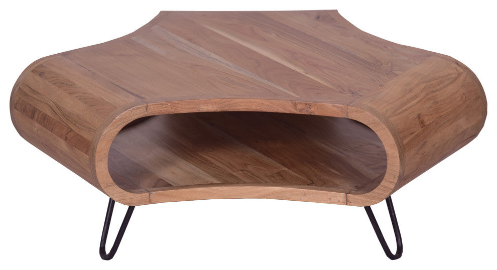 37" Coffee Table Hexagon Shape Open Shelf Acacia Wood Iron Legs Natural Brown