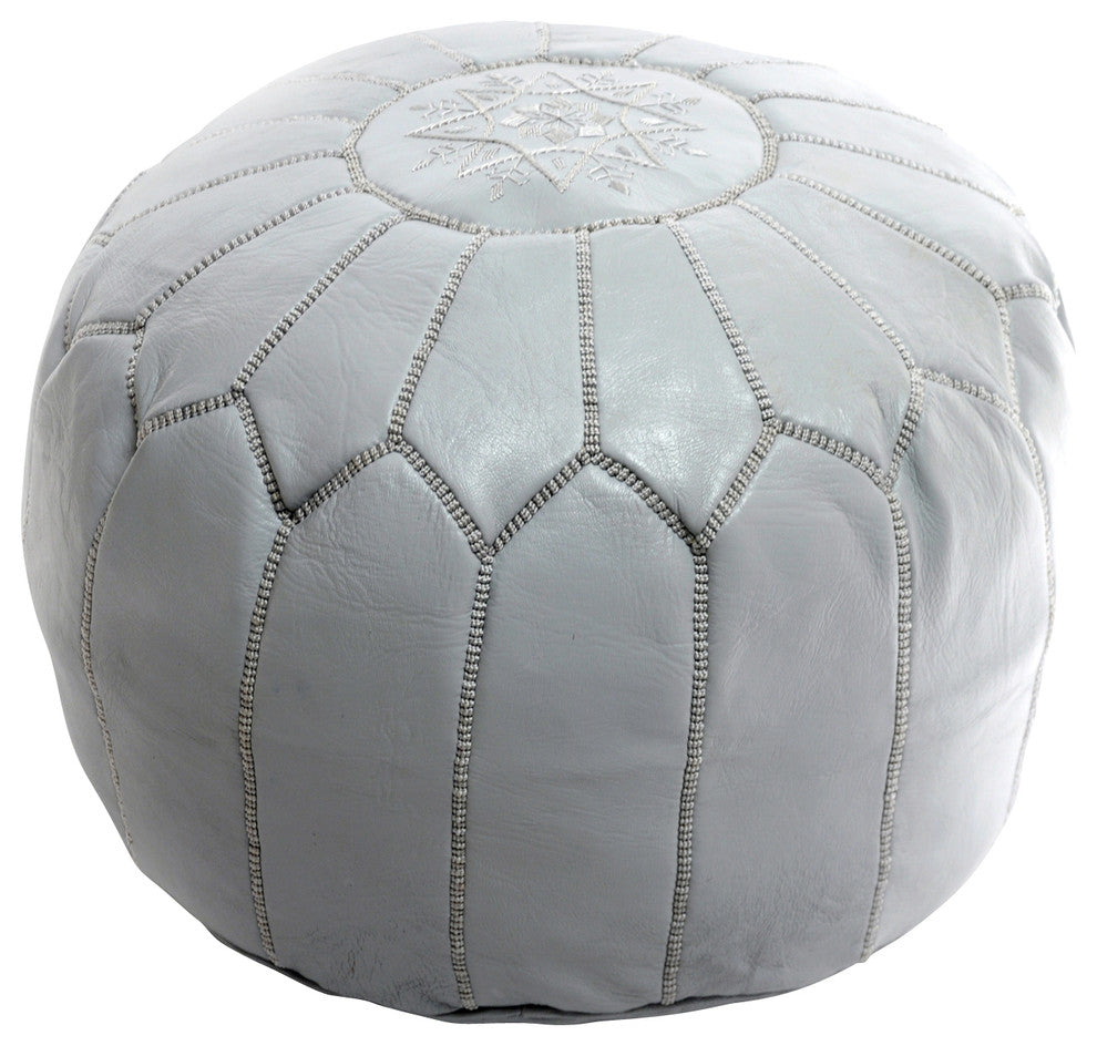 Moroccan Leather Pouf, Gray