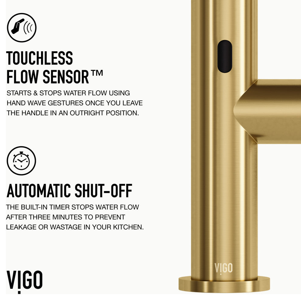 VIGO Greenwich 18" H Single Handle Pull-Down Sprayer Kitchen Faucet, Matte Brushed Gold, Touchless, Without Extras