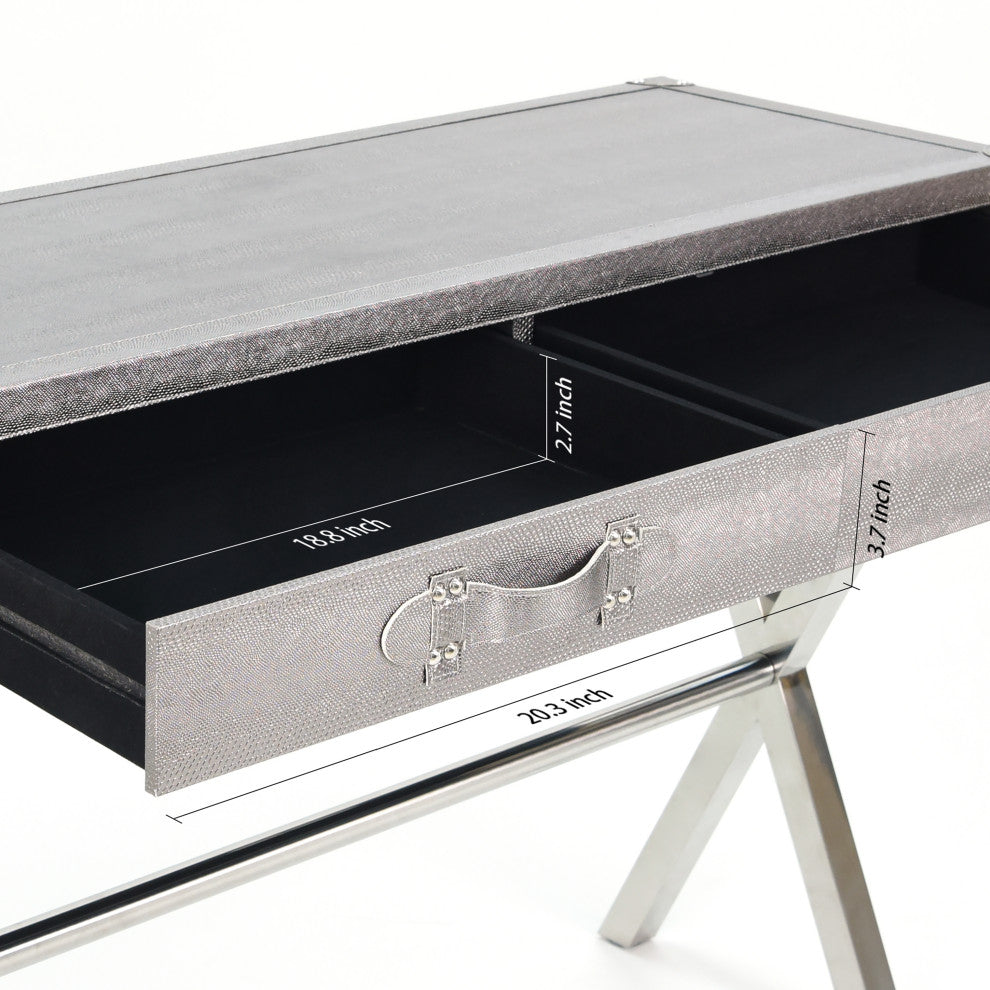 Silver Lizard Leather Console Table With Stainless Steel Legs