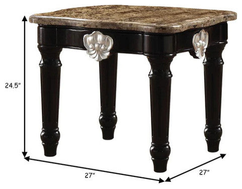 Benzara BM185795 Marble Top End Table With Carved Motif Turned Wood Legs, Black