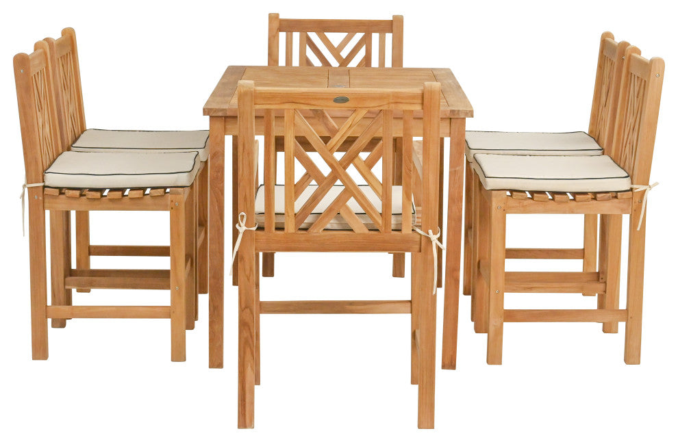 7 Piece Teak Chippendale 55" Rect Bistro Counter Set, 2 Arm and 4 Side Stools