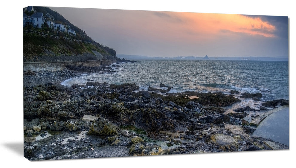"Dark Rocky Seashore Sunrise" Seashore Canvas Art, 40"x20"