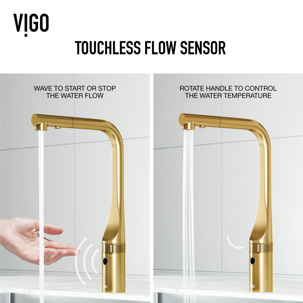 VIGO Jewel 15" H Touchless Pull-Out Sprayer Kitchen Faucet, Matte Brushed Gold