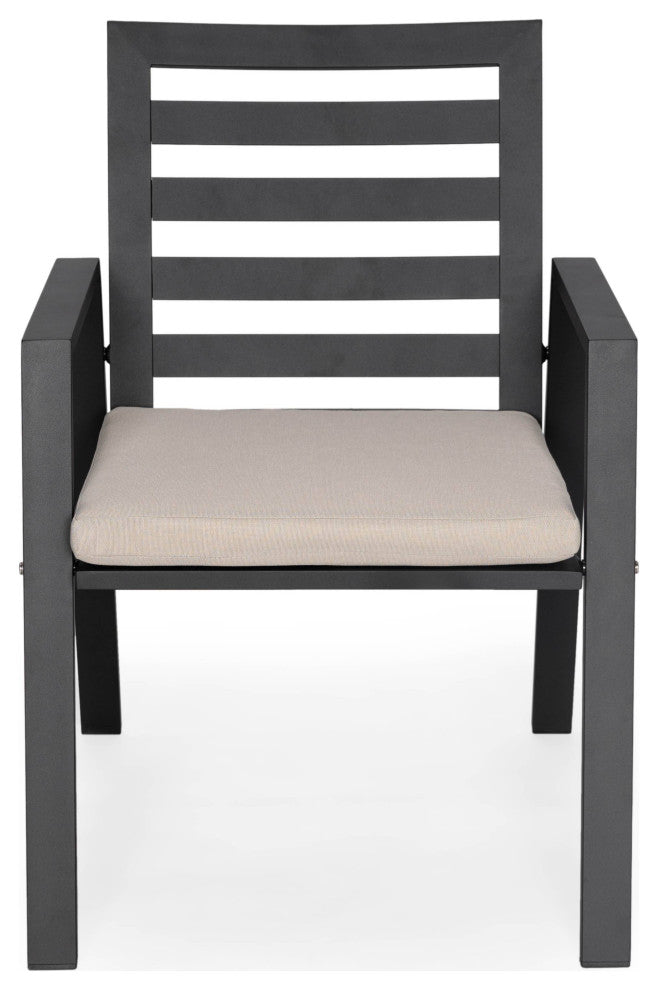 LeisureMod Chelsea Modern 7-Piece Outdoor Dining Set, Black Aluminum, Beige