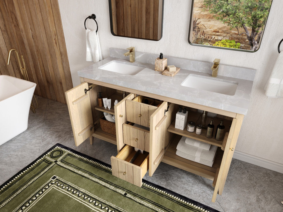 Atlanta Oak 60" Single Bathroom Vanity, White 2" Venatino Quartz