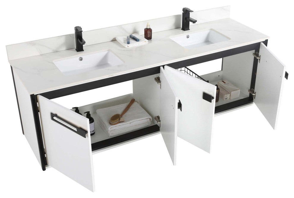 Oakville Wall Mount Bathroom Vanity, White Matte, 72", Black Hardware
