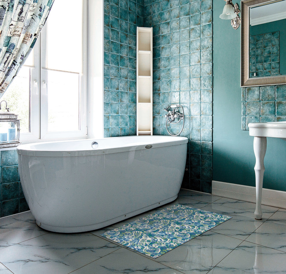 Birds PVC Bathroom Mat, Light Blue, 26" x 31", Covers 5.5 sq ft