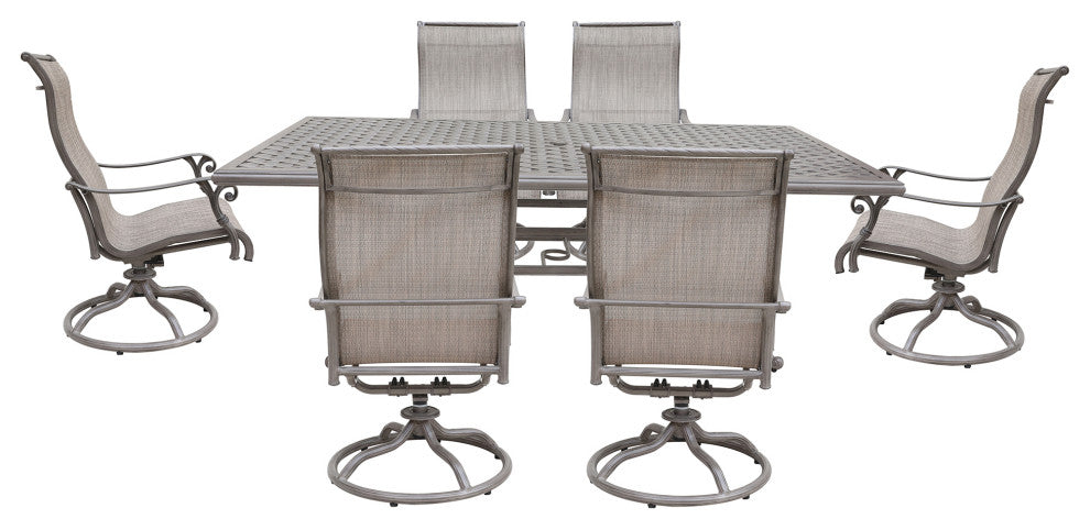 7-Piece Rectangle Dining Set With 6 Sling Swivel Chairs, Heritage Grey