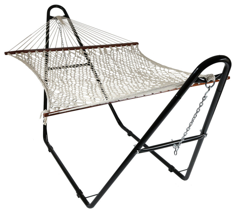 Sunnydaze 2-Person Cotton Rope Hammock With Spreader Bars and Universal Stand