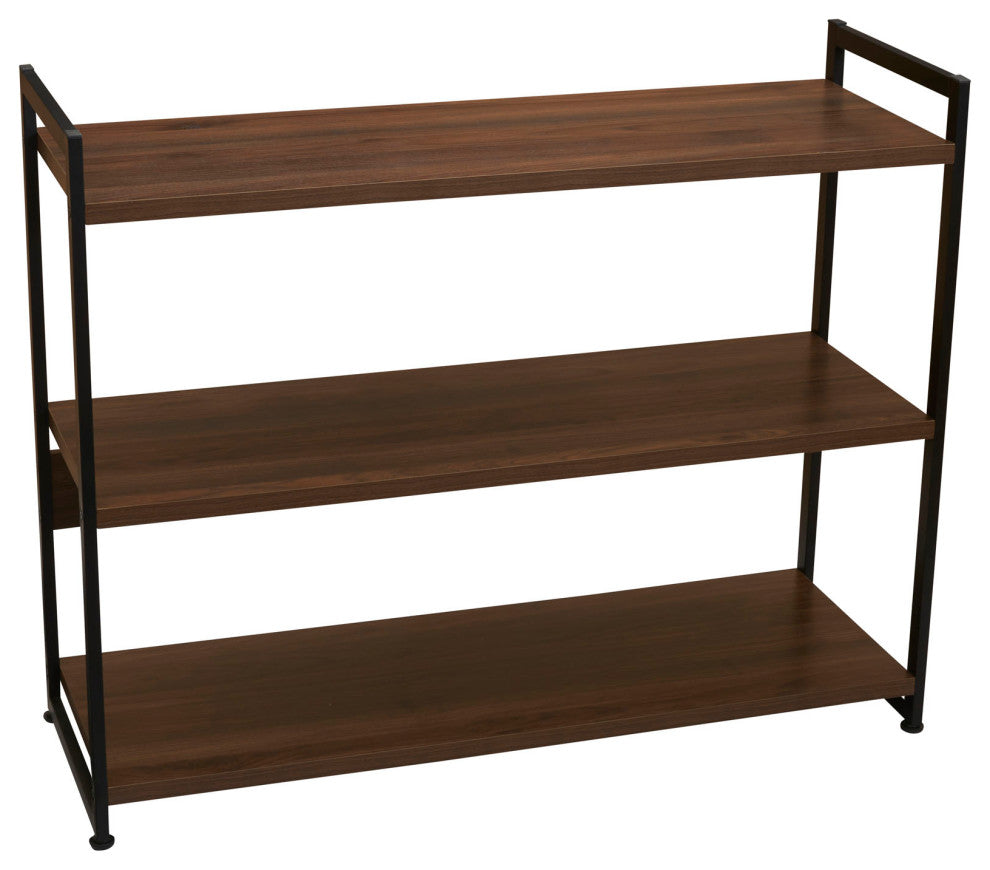 Jamestown Wide 3 Shelf Open Storage Bookshelf Mid Century Walnut, Black Metal