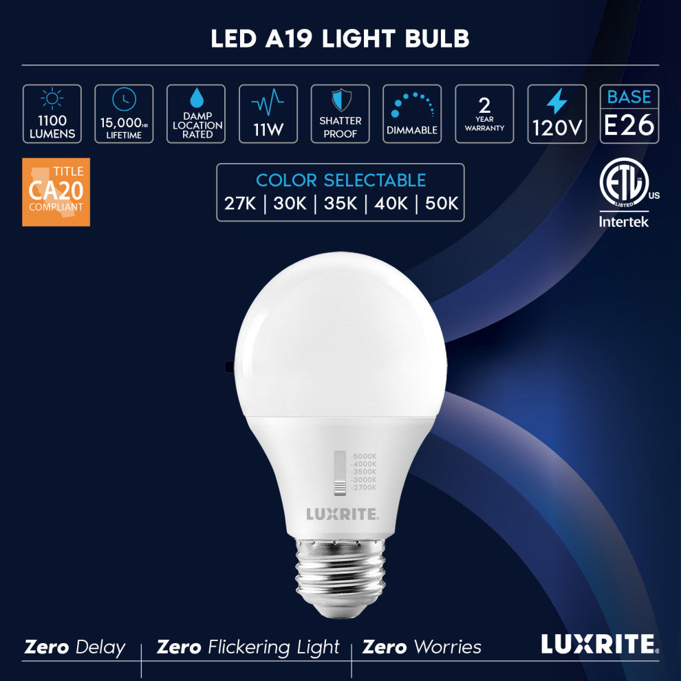 Luxrite A19 LED Light Bulb 5CCT Dimmable 1100LM 11W E26 ETL 6 Pack