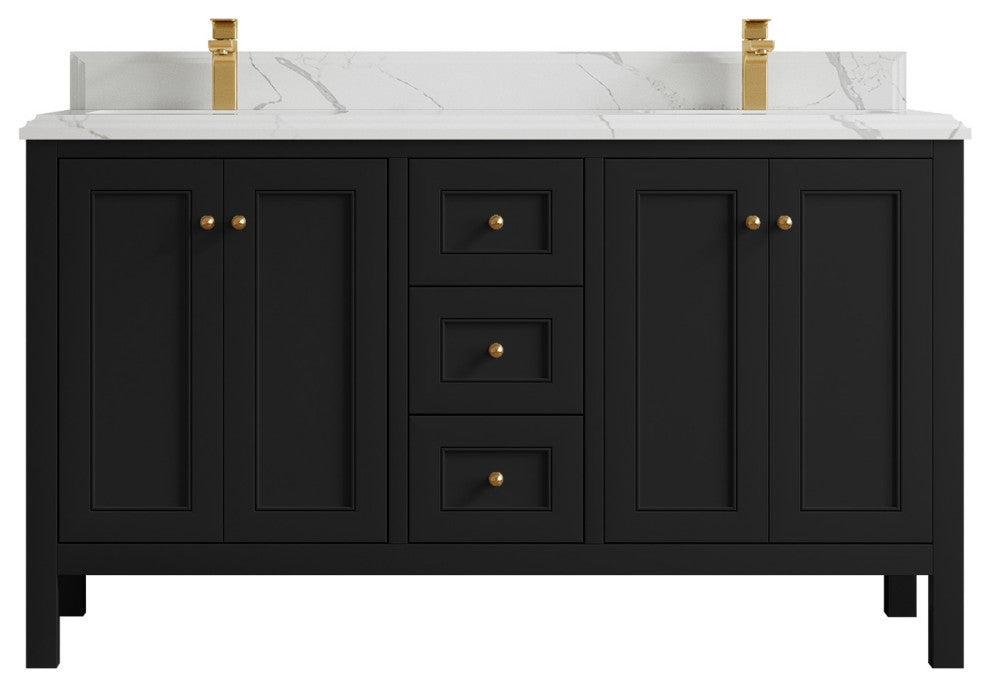Nashville 60" Double Bathroom Vanity, Black 1.5" Calacatta Laza