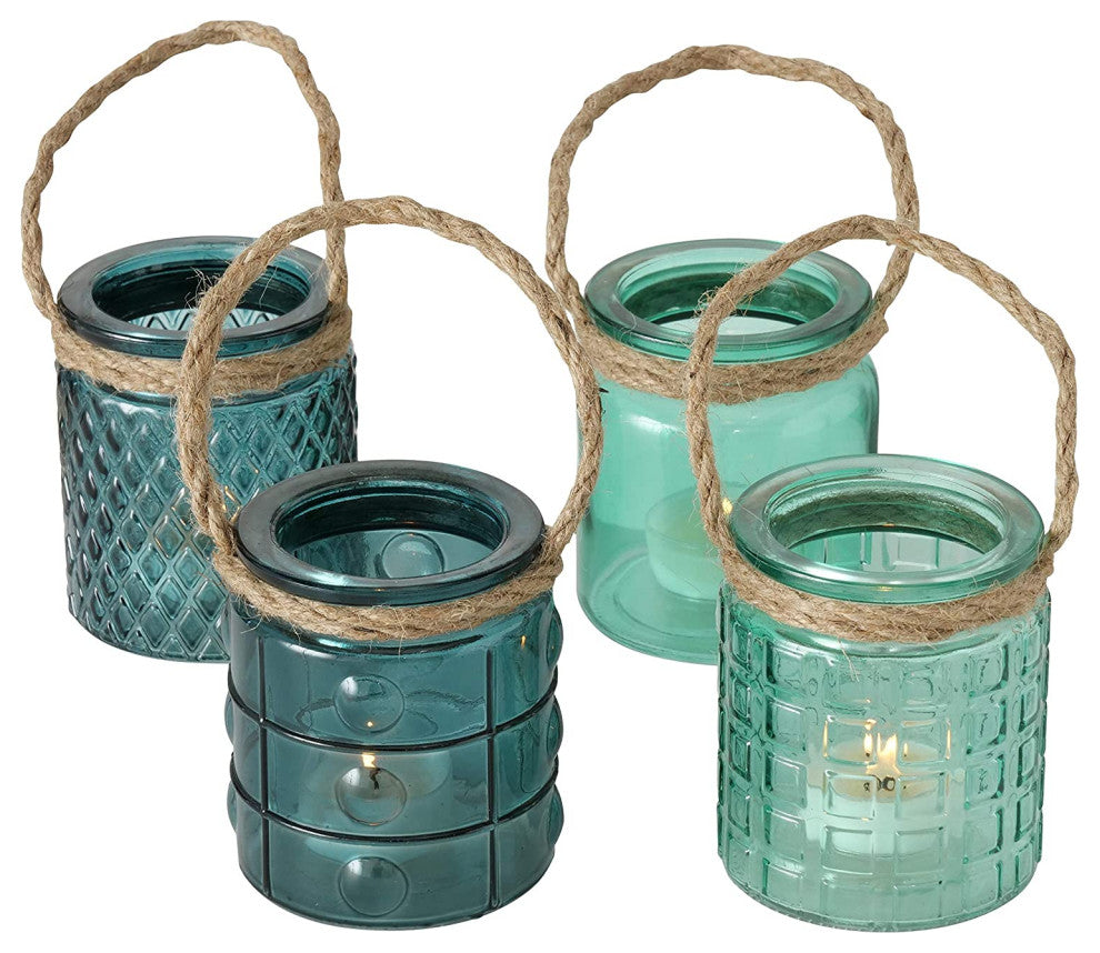 4 Piece Beach Chic Rope Wrapped Hurricanes, 3.5 Inches