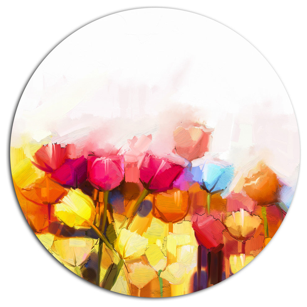 Yellow Pink Red Tulips On White, Floral Large Disc Metal Wall Art, 11"