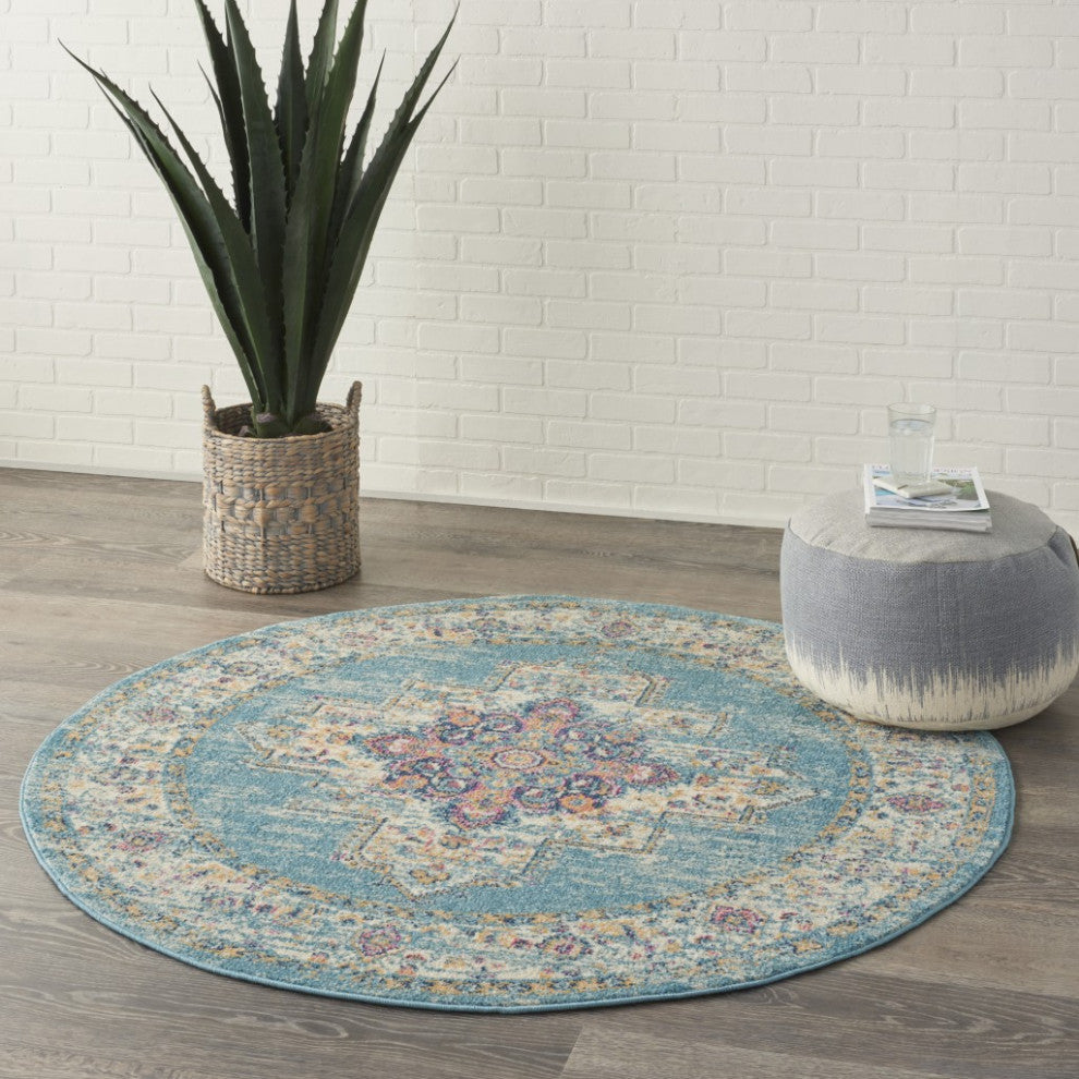 5' Light Blue Round Southwestern Power Loom Area Rug