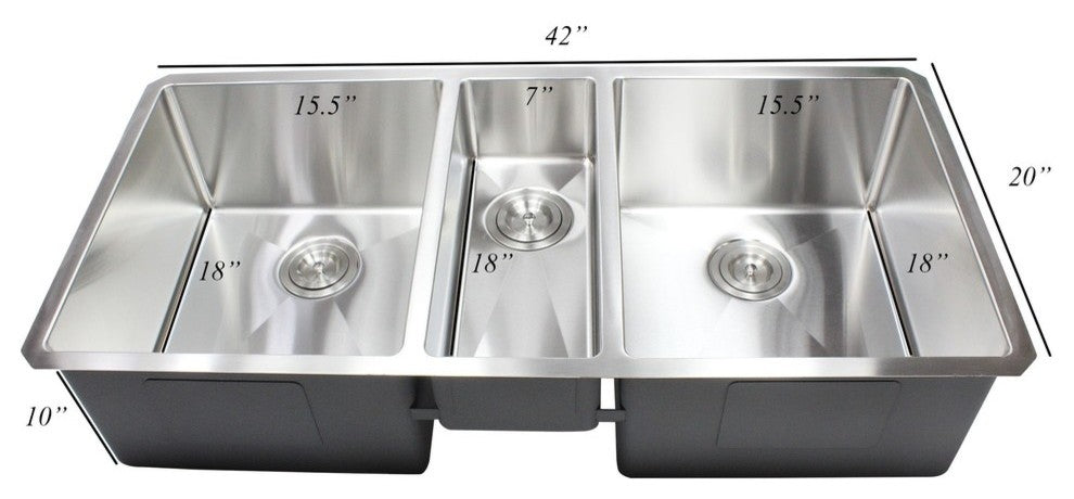 42" 16 Gauge Undermount Triple Bowl Stainless Steel Sink Package