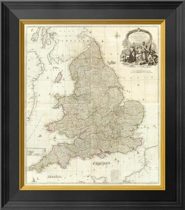 "Composite: England, Wales, 1790" Framed Canvas Giclee by John Rocque, 16x20"