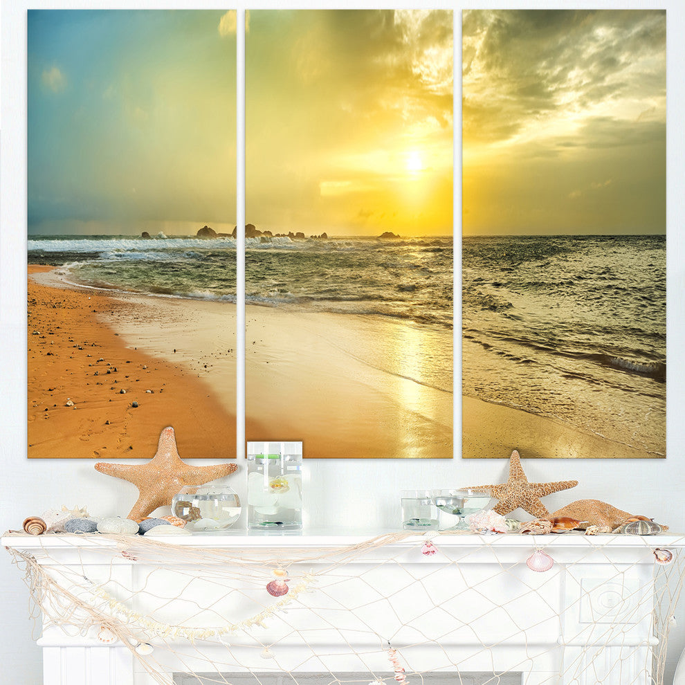 "Bright Yellow Sunset Beach Panorama" Metal Wall Art, 3 Panels, 36"x28"