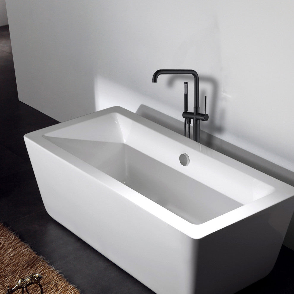 Floor Mounted Single Handle Bathtub Faucet, Handheld Shower, Matt Black